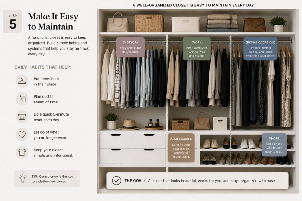 Closet organization infographic showing daily habits to keep your closet clean and organized