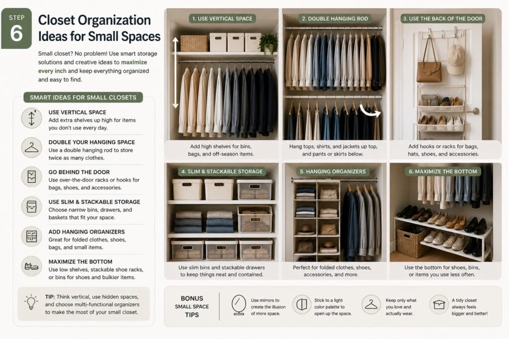 Small closet organization infographic showing space-saving ideas and smart storage solutions