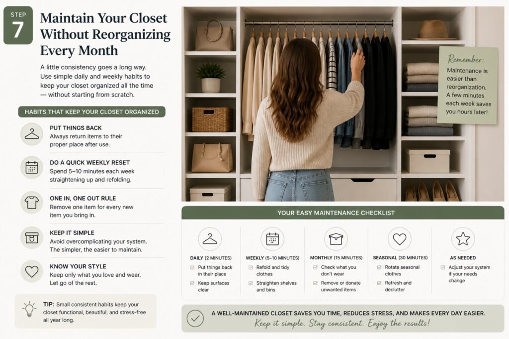 Closet organization infographic showing simple habits to maintain a clean and organized closet
