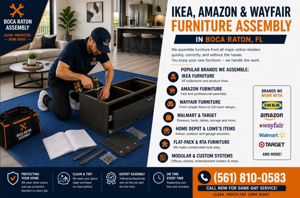 Furniture assembly technician in Boca Raton assembling cabinet on protective blanket with shoe covers for IKEA Amazon Wayfair furniture