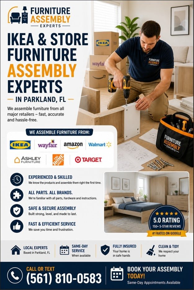 Technician assembling IKEA furniture in modern Parkland FL apartment with boxes and tools