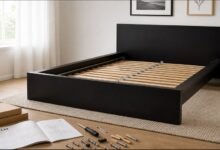 IKEA MALM bed frame assembly in modern bedroom with tools and parts