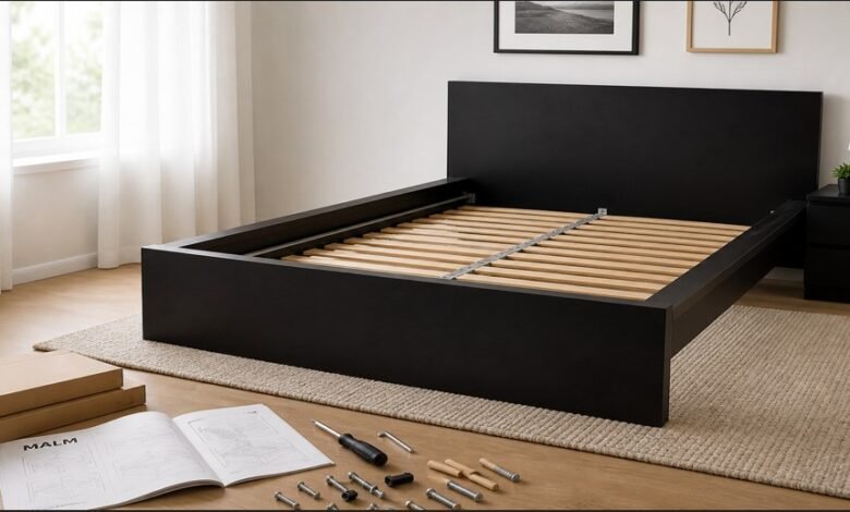 IKEA MALM bed frame assembly in modern bedroom with tools and parts