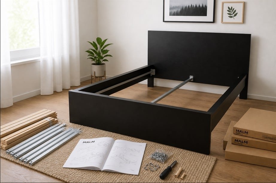 modern bedroom with IKEA MALM bed frame being assembled with tools and instructions on floor