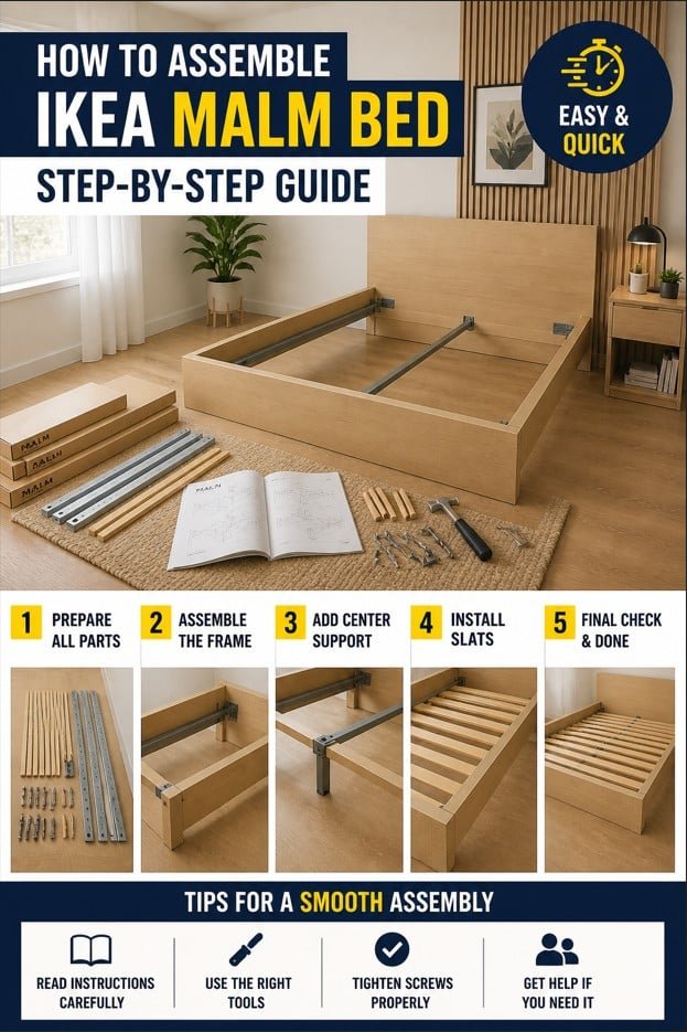 IKEA MALM bed assembly step by step infographic with tools, instructions and final result