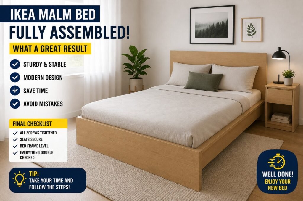 fully assembled IKEA MALM bed in modern bedroom with mattress and clean setup