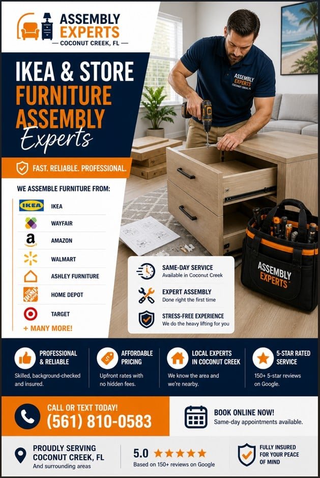 Technician assembling IKEA furniture in Coconut Creek FL apartment with boxes and tools