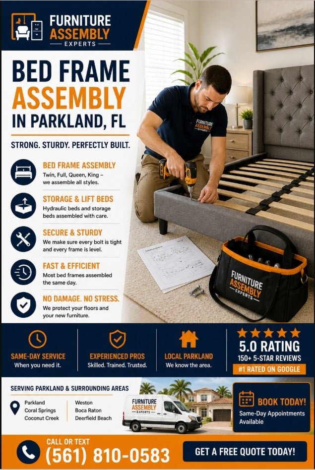 Strong technician assembling upholstered bed frame in Parkland FL bedroom with tools and parts