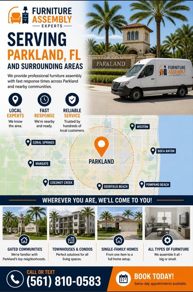 Furniture assembly service area map covering Parkland FL and nearby cities