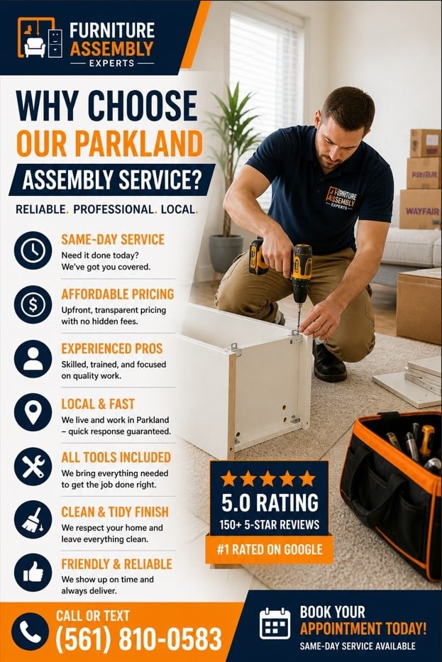 Professional furniture assembly technician working in Parkland FL home with tools and modern interior