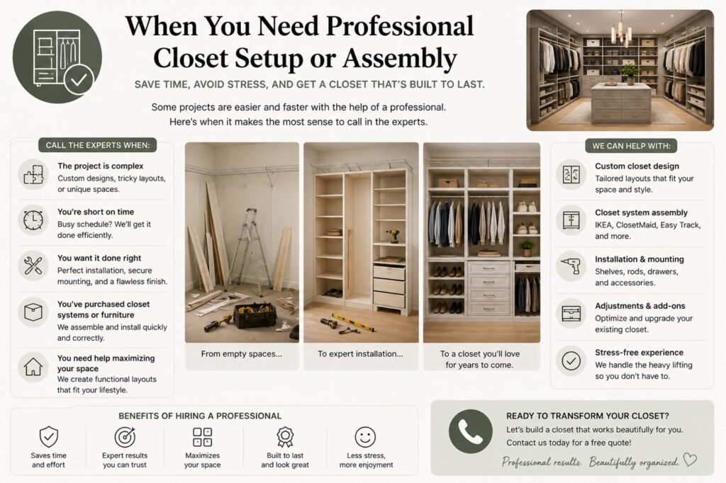 Professional closet assembly and installation service with organized shelving and storage system