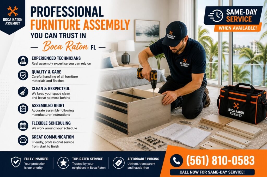 Professional furniture assembly technician in Boca Raton assembling bedroom furniture with trust and service benefits