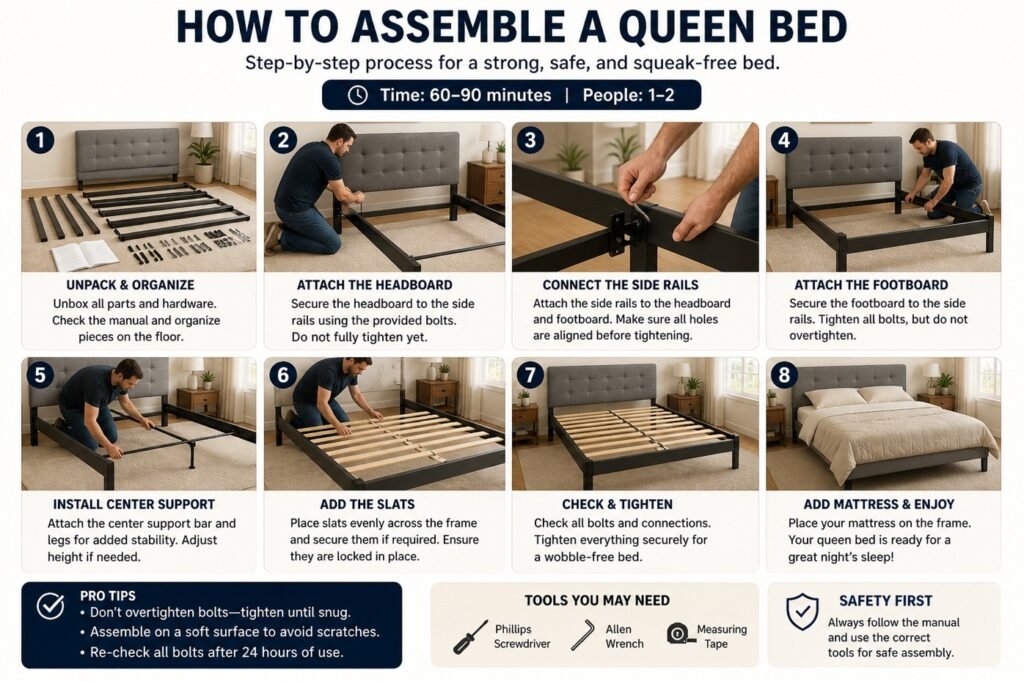 how to assemble a queen bed frame step by step instructions with tools and parts
