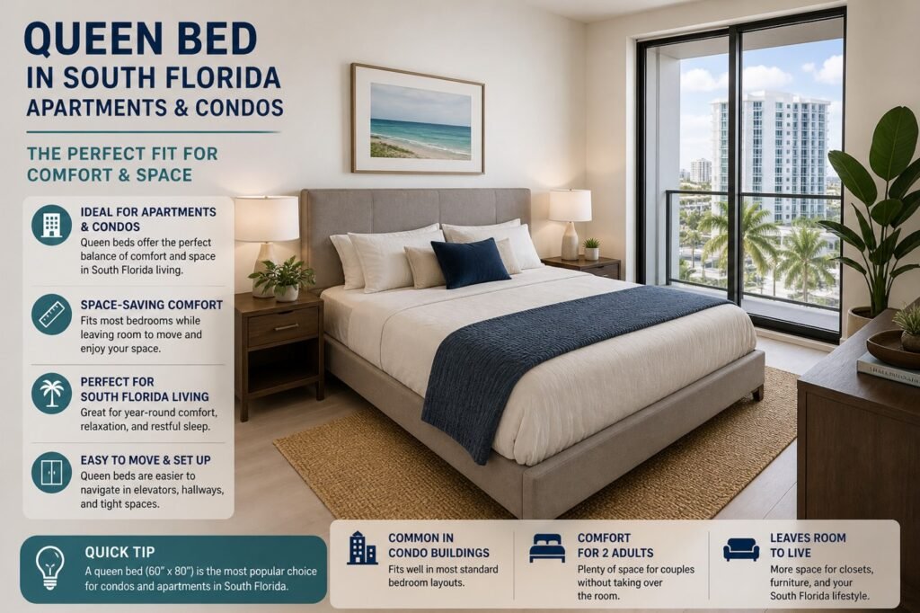 queen bed in south florida apartment bedroom with modern layout and balcony view