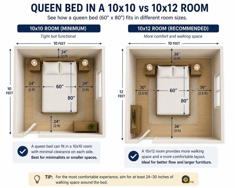queen bed room size layout 10x10 vs 10x12 bedroom comparison with walking space