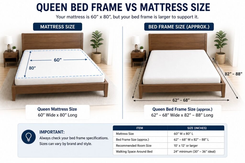 queen bed frame vs mattress size comparison with dimensions 60x80 and frame size