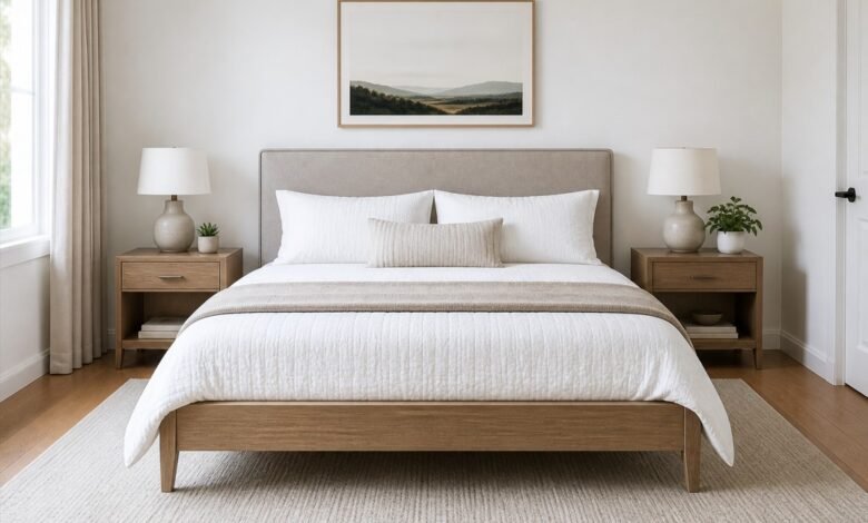 queen bed size in modern bedroom interior layout