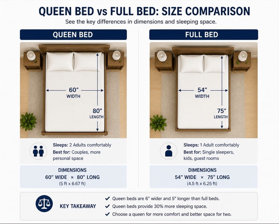 queen vs full bed size comparison 60x80 vs 54x75 dimensions