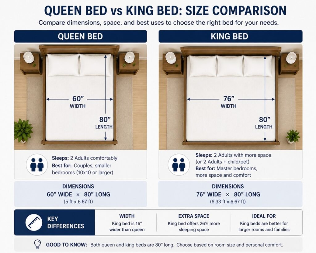 queen vs king bed size comparison 60x80 vs 76x80 dimensions