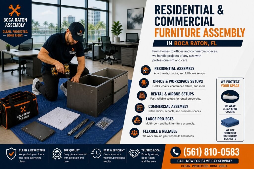Furniture assembly technician in Boca Raton assembling cabinet on protective blanket wearing shoe covers in modern office