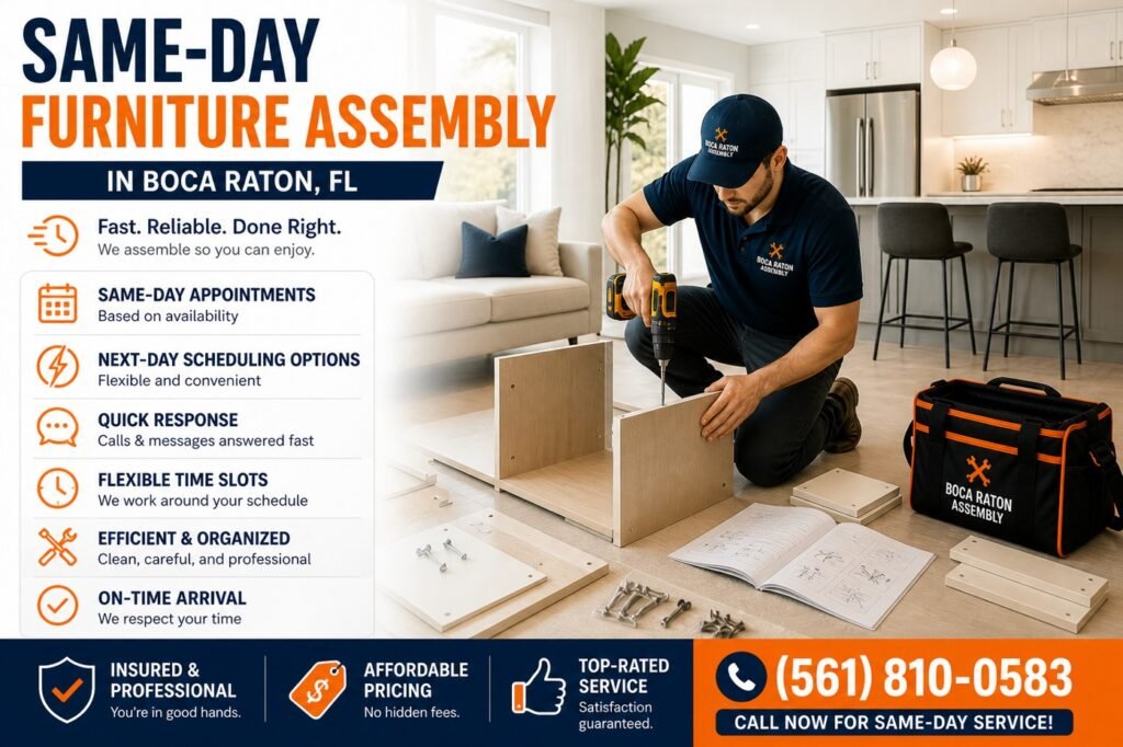 Same day furniture assembly service in Boca Raton technician assembling cabinet in modern kitchen interior