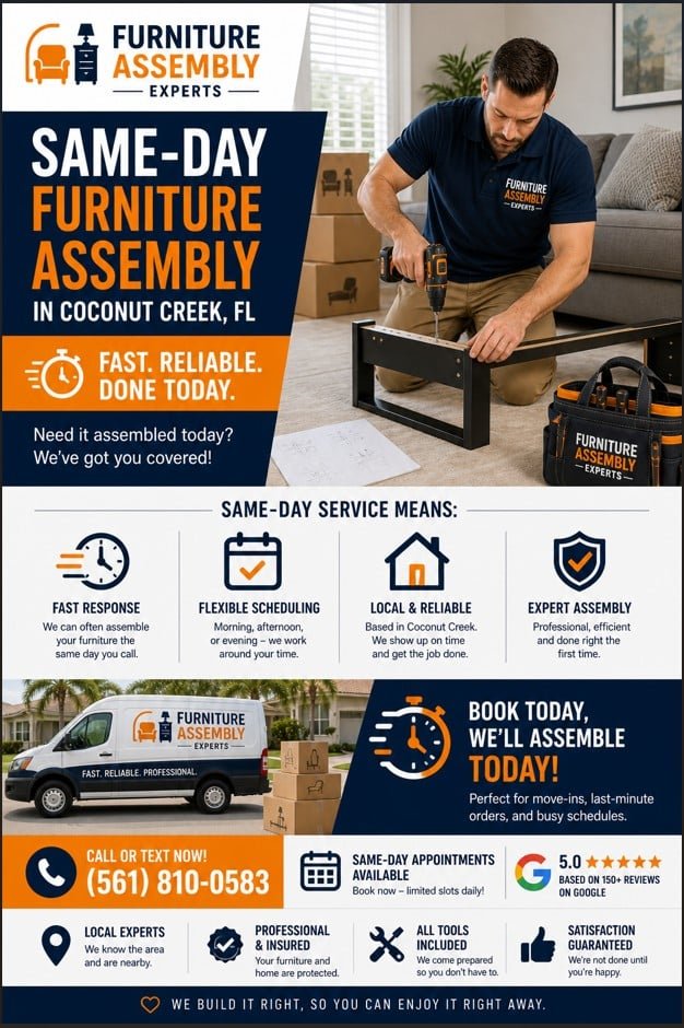 Technician assembling furniture same day in Coconut Creek FL living room with tools and parts