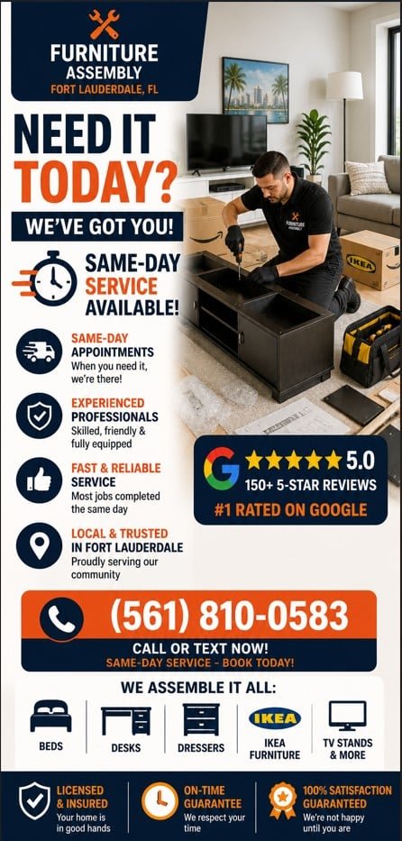 Same day furniture assembly in Fort Lauderdale FL technician assembling TV stand in living room with fast service available