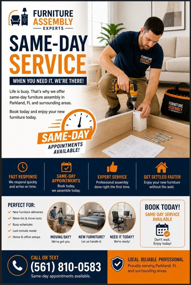 Technician assembling furniture same day in Parkland FL home with tools and parts on floor