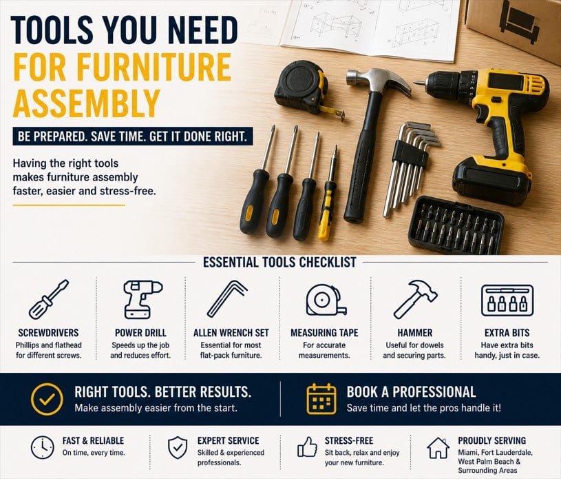 essential tools for furniture assembly including drill screwdriver hammer and allen wrench set