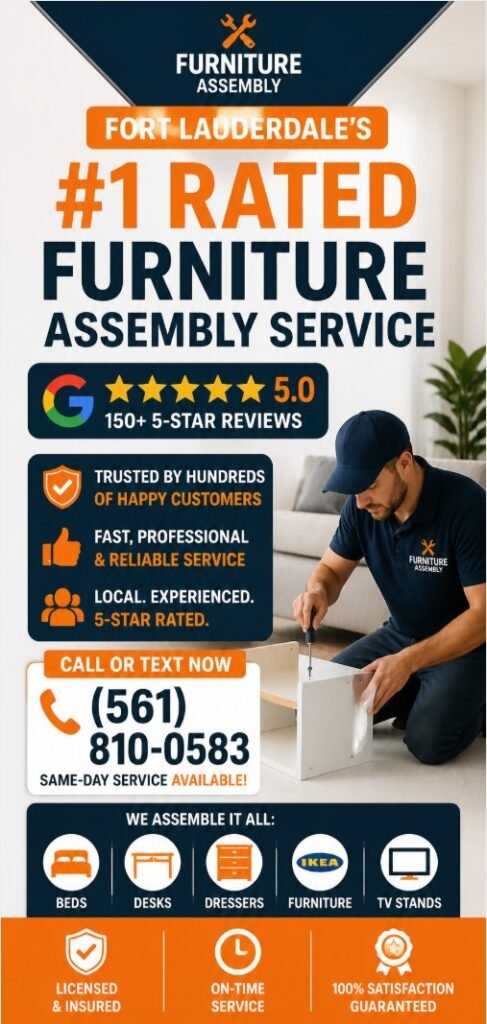 Top rated furniture assembly in Fort Lauderdale FL with 5 star reviews and same day service technician assembling furniture