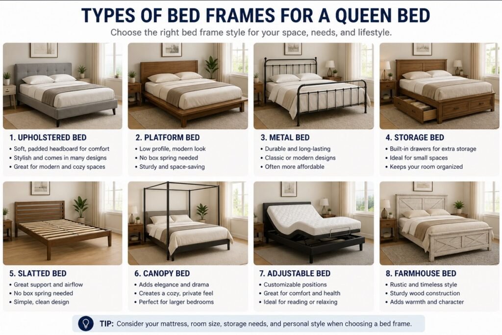 types of queen bed frames upholstered platform metal storage adjustable beds