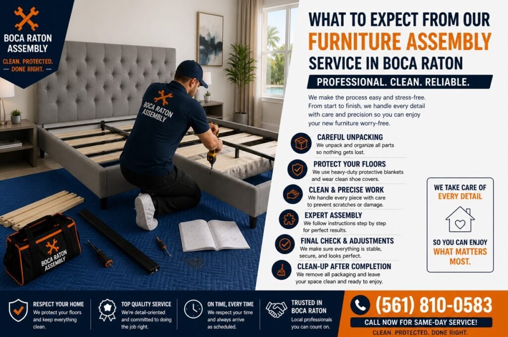 Furniture assembly technician in Boca Raton assembling bed frame on protective blanket wearing shoe covers in bedroom