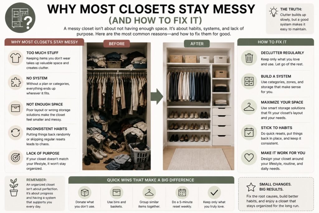 Infographic showing common reasons why closets get messy and how to fix organization mistakes
