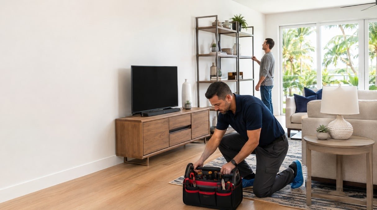 Professional furniture assembler completing a furniture assembly project in a South Florida home