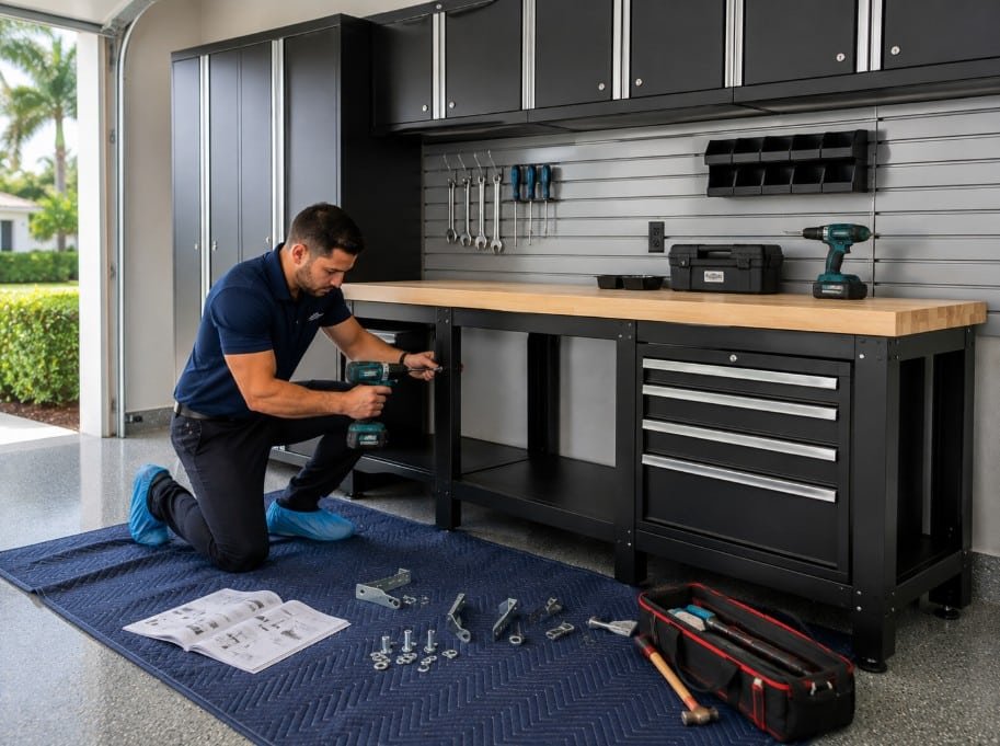 Garage workbench and storage cabinet assembly service