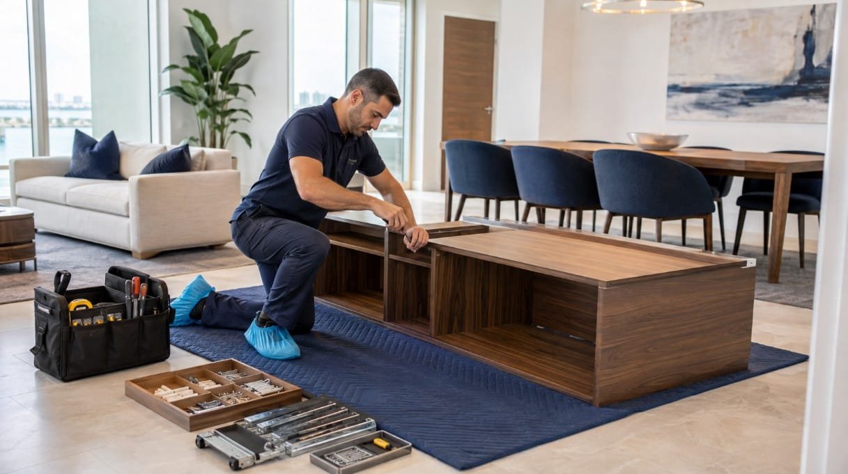 Professional furniture assembly process with organized tools and floor protection