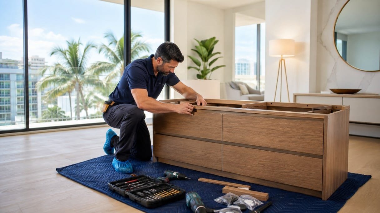 Professional furniture assembler working in a Boca Raton home